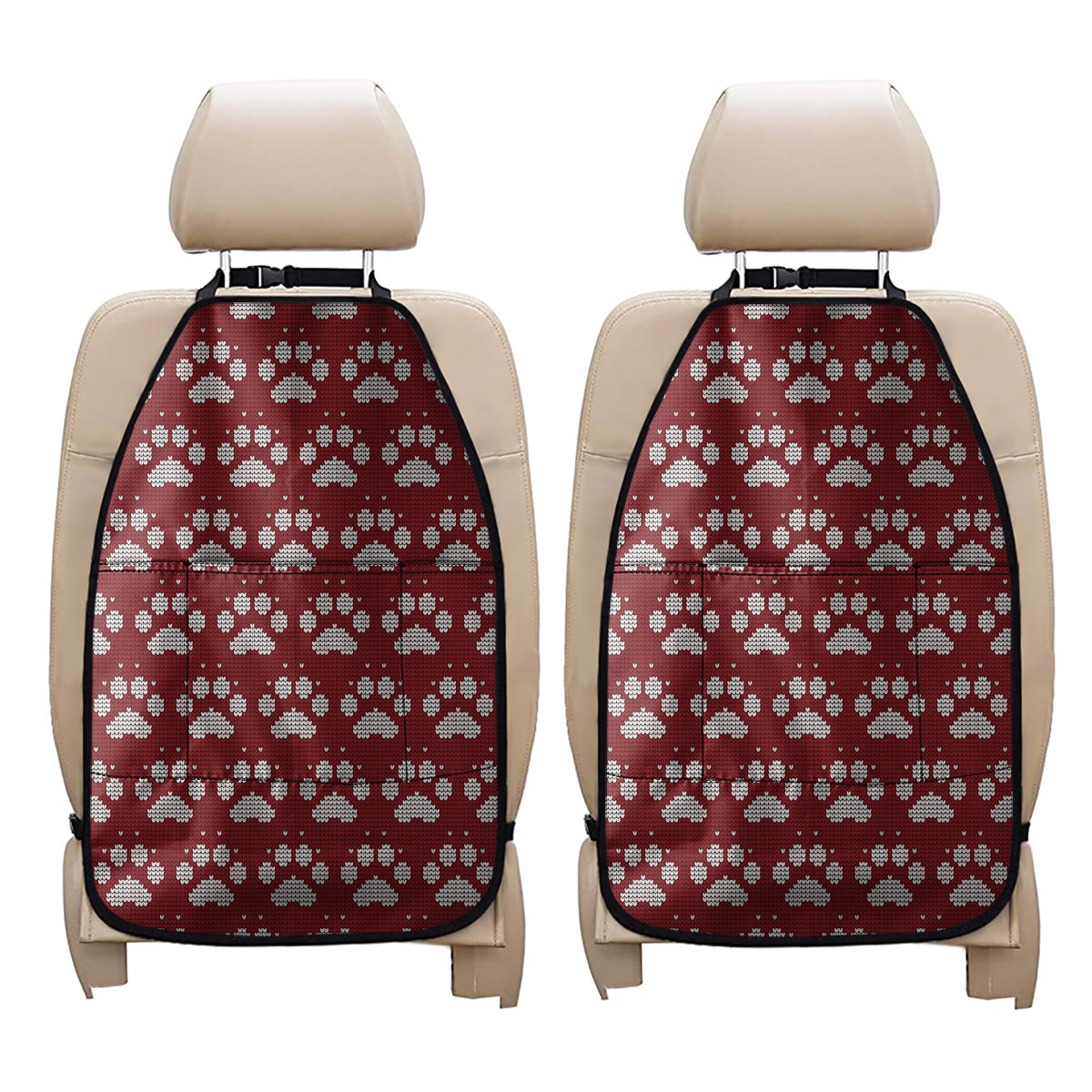 Red And White Paw Knitted Pattern Print Car Seat Organizers