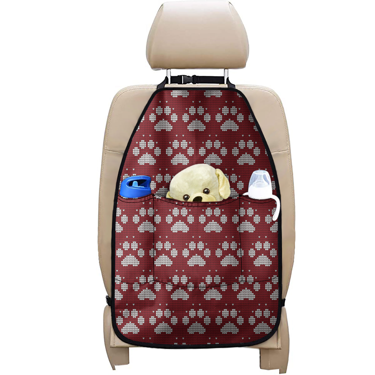 Red And White Paw Knitted Pattern Print Car Seat Organizers