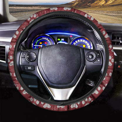 Red And White Paw Knitted Pattern Print Car Steering Wheel Cover