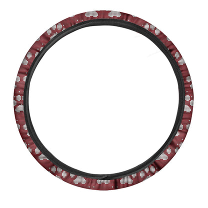 Red And White Paw Knitted Pattern Print Car Steering Wheel Cover