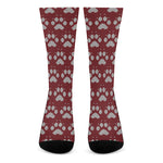 Red And White Paw Knitted Pattern Print Crew Socks