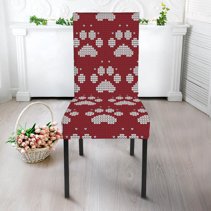 Red And White Paw Knitted Pattern Print Dining Chair Slipcover