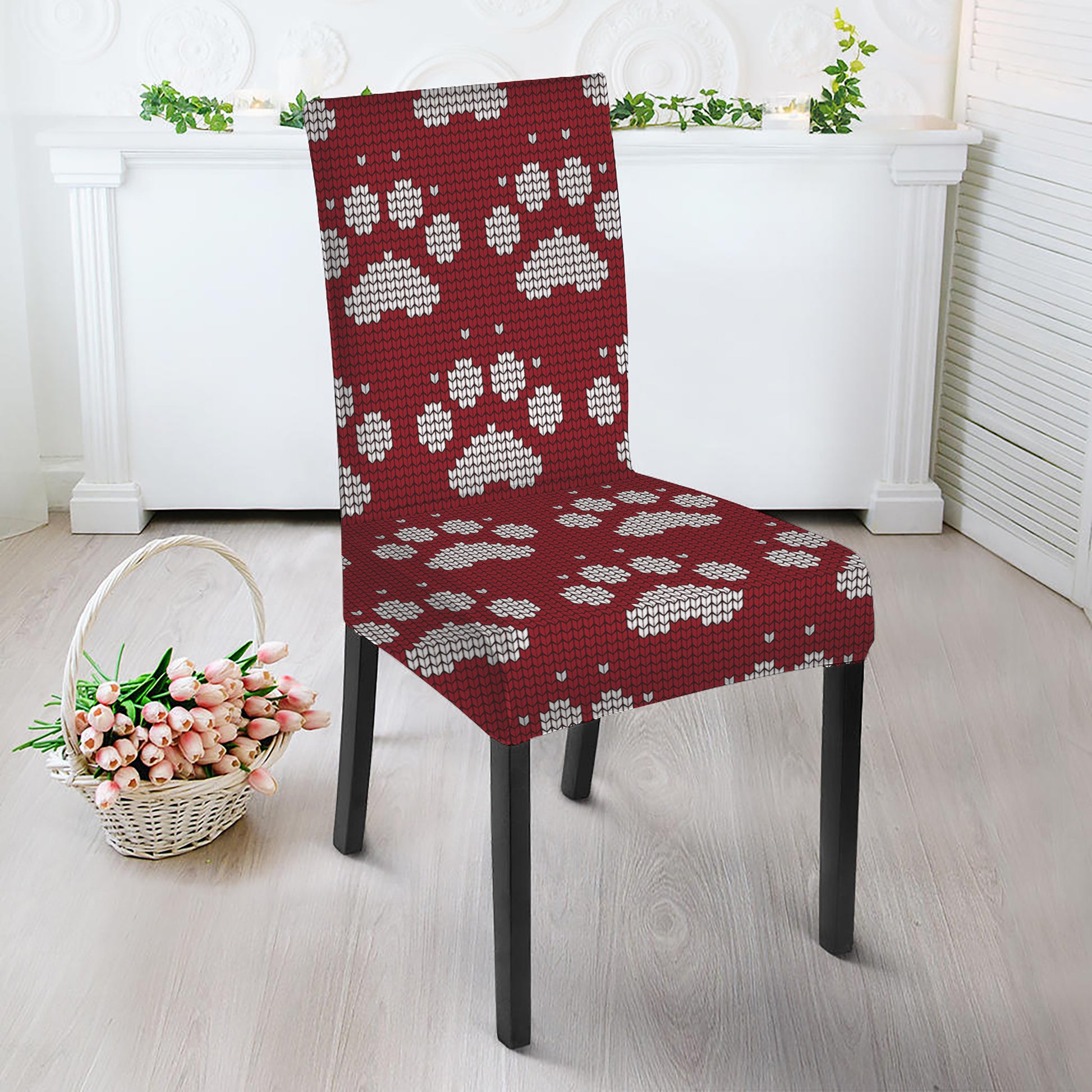 Red And White Paw Knitted Pattern Print Dining Chair Slipcover