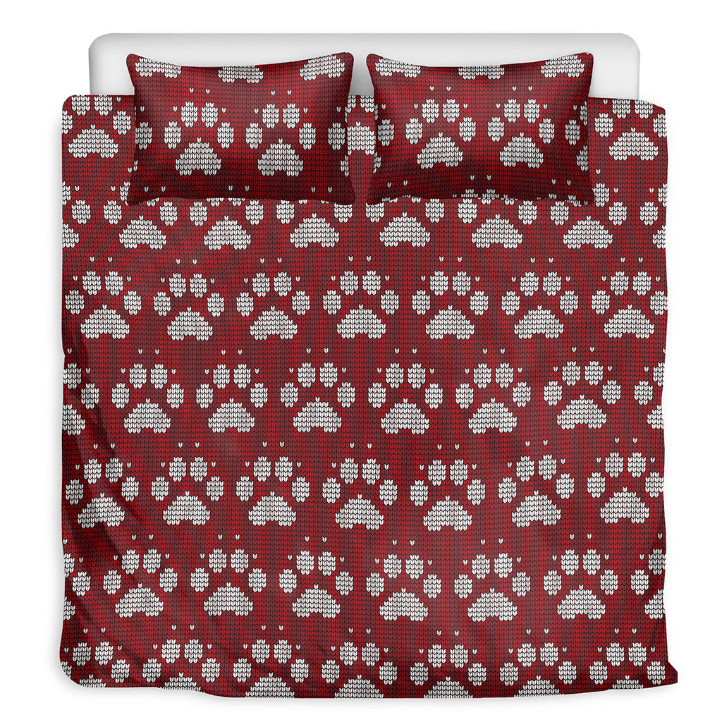 Red And White Paw Knitted Pattern Print Duvet Cover Bedding Set