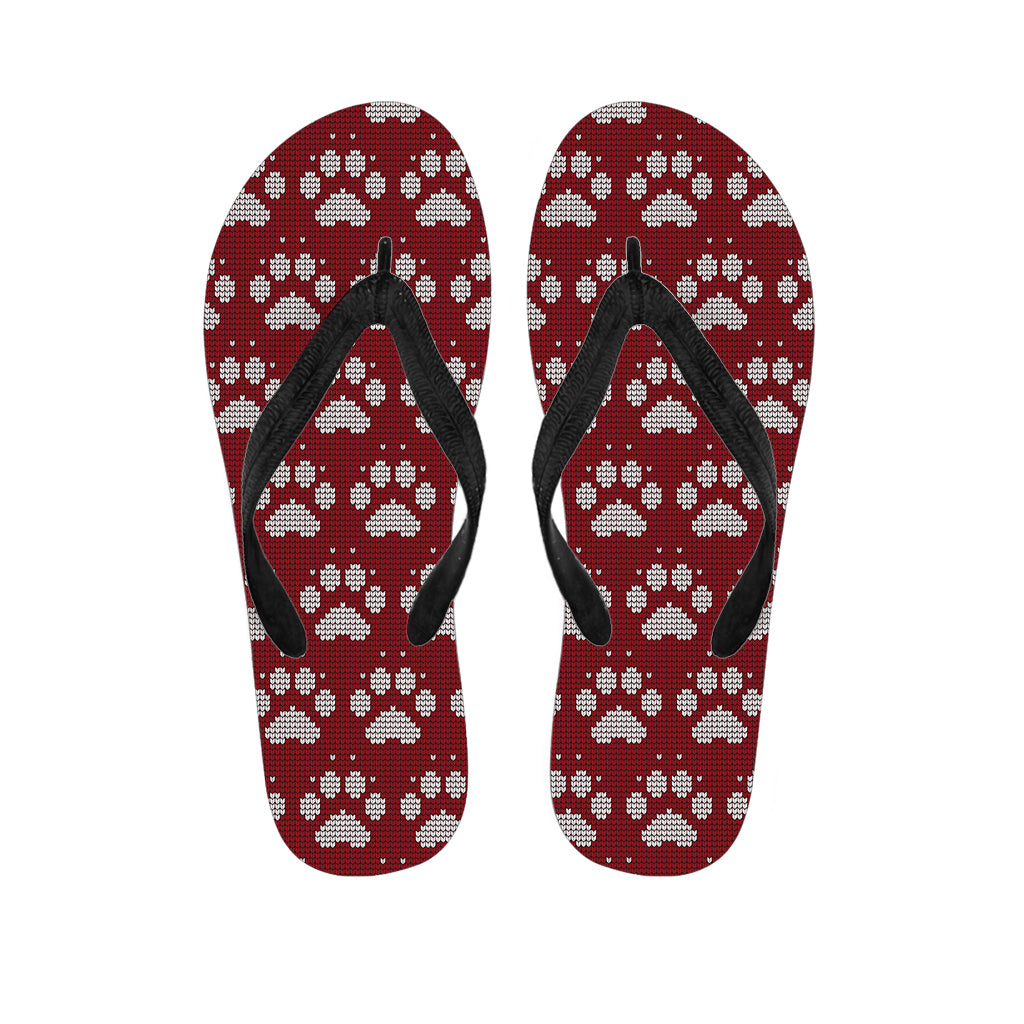 Red And White Paw Knitted Pattern Print Flip Flops