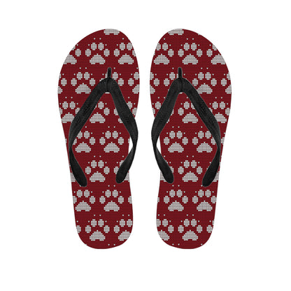 Red And White Paw Knitted Pattern Print Flip Flops