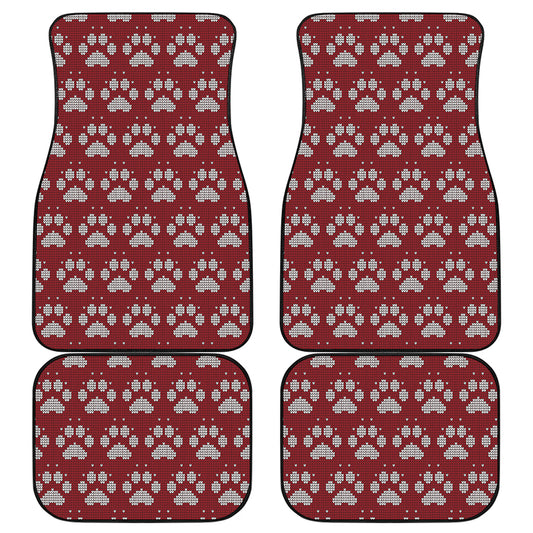 Red And White Paw Knitted Pattern Print Front and Back Car Floor Mats