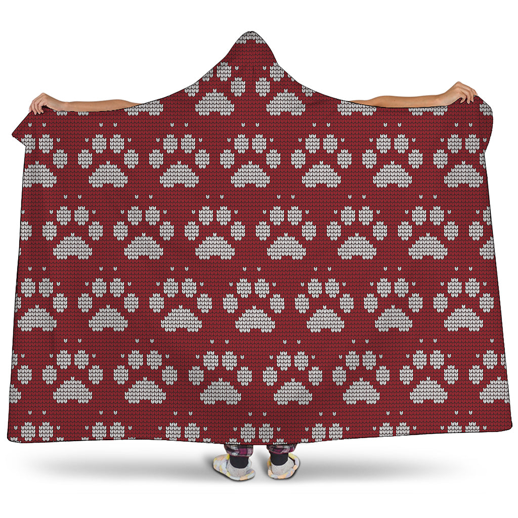 Red And White Paw Knitted Pattern Print Hooded Blanket