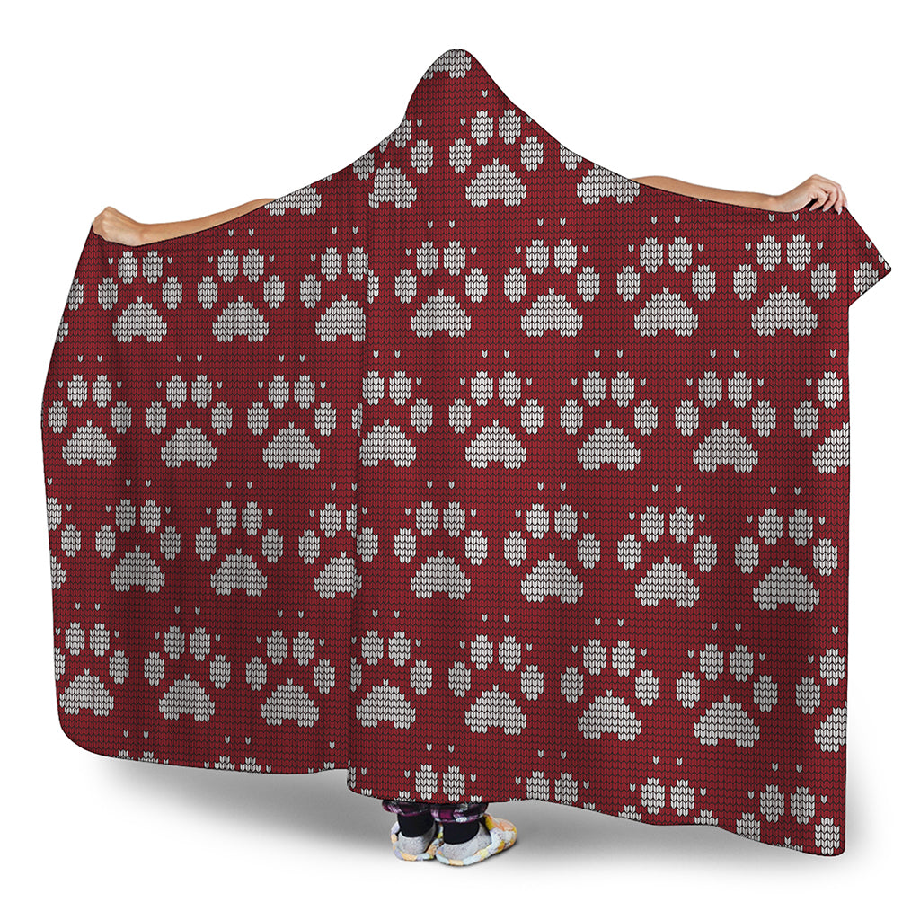 Red And White Paw Knitted Pattern Print Hooded Blanket