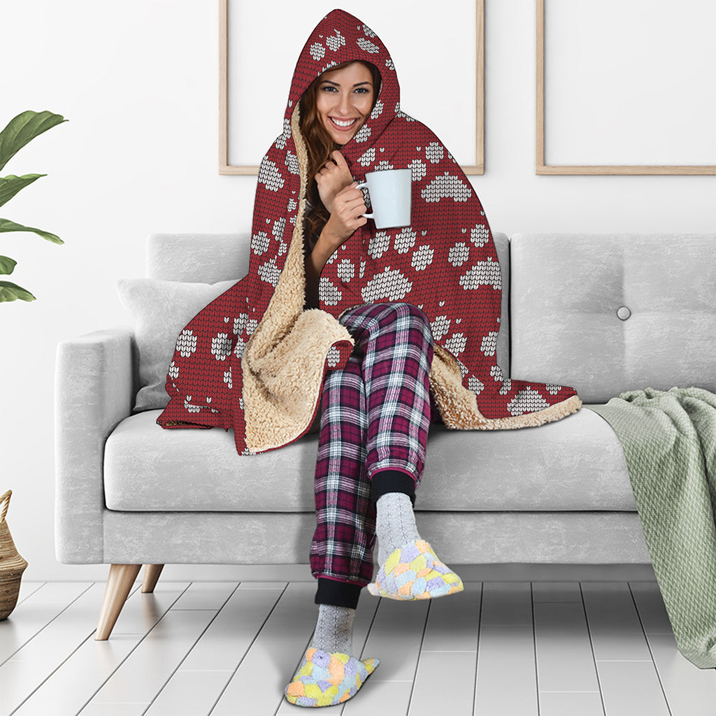 Red And White Paw Knitted Pattern Print Hooded Blanket