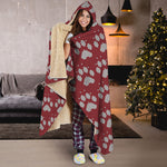 Red And White Paw Knitted Pattern Print Hooded Blanket