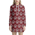 Red And White Paw Knitted Pattern Print Pullover Hoodie Dress