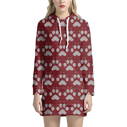 Red And White Paw Knitted Pattern Print Hoodie Dress