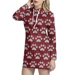 Red And White Paw Knitted Pattern Print Hoodie Dress