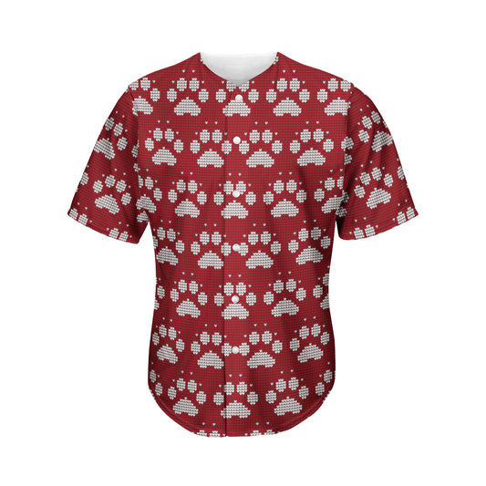 Red And White Paw Knitted Pattern Print Men's Baseball Jersey