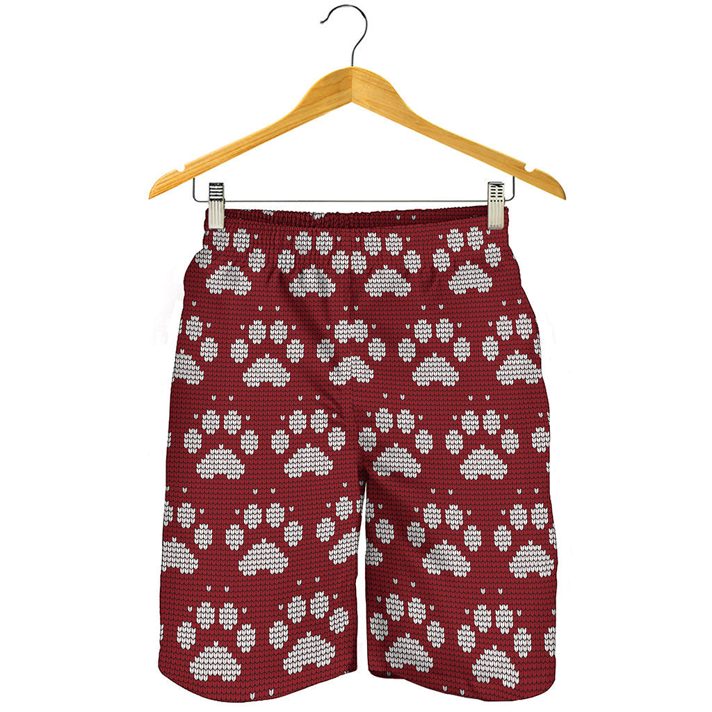 Red And White Paw Knitted Pattern Print Men's Shorts
