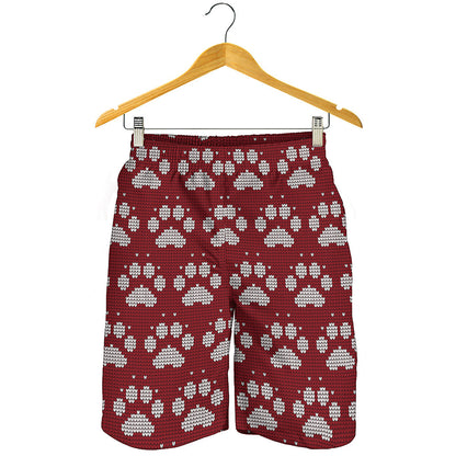 Red And White Paw Knitted Pattern Print Men's Shorts
