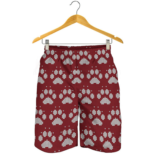 Red And White Paw Knitted Pattern Print Men's Shorts