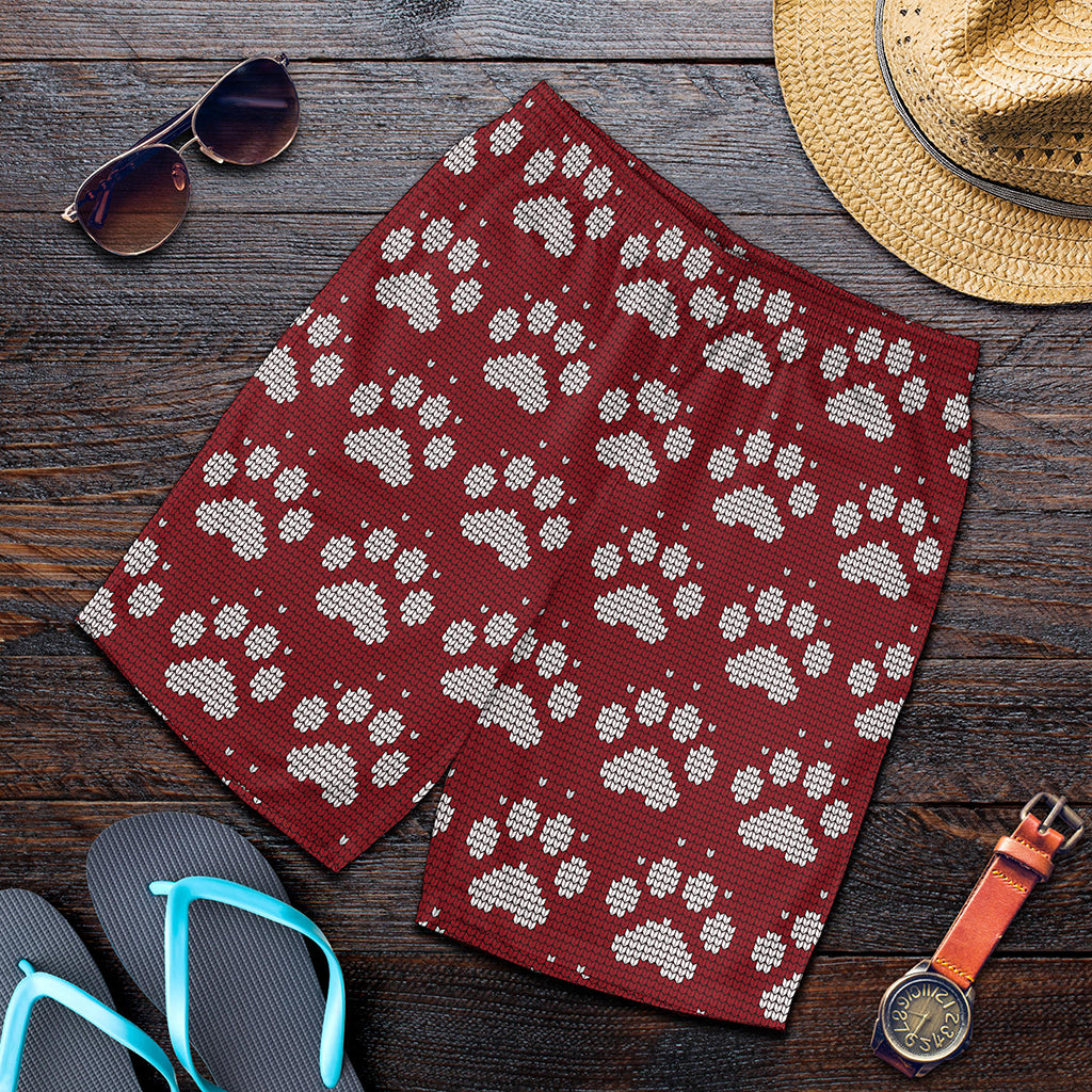 Red And White Paw Knitted Pattern Print Men's Shorts