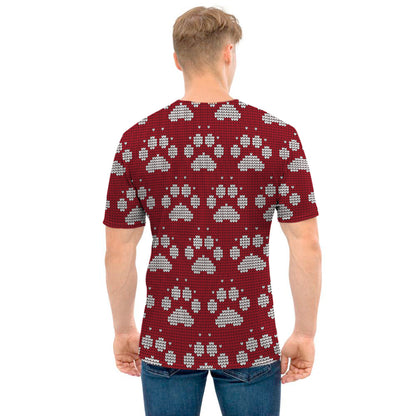 Red And White Paw Knitted Pattern Print Men's T-Shirt