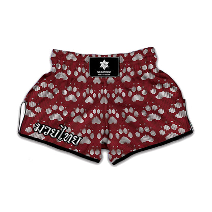 Red And White Paw Knitted Pattern Print Muay Thai Boxing Shorts