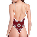 Red And White Paw Knitted Pattern Print One Piece High Cut Swimsuit