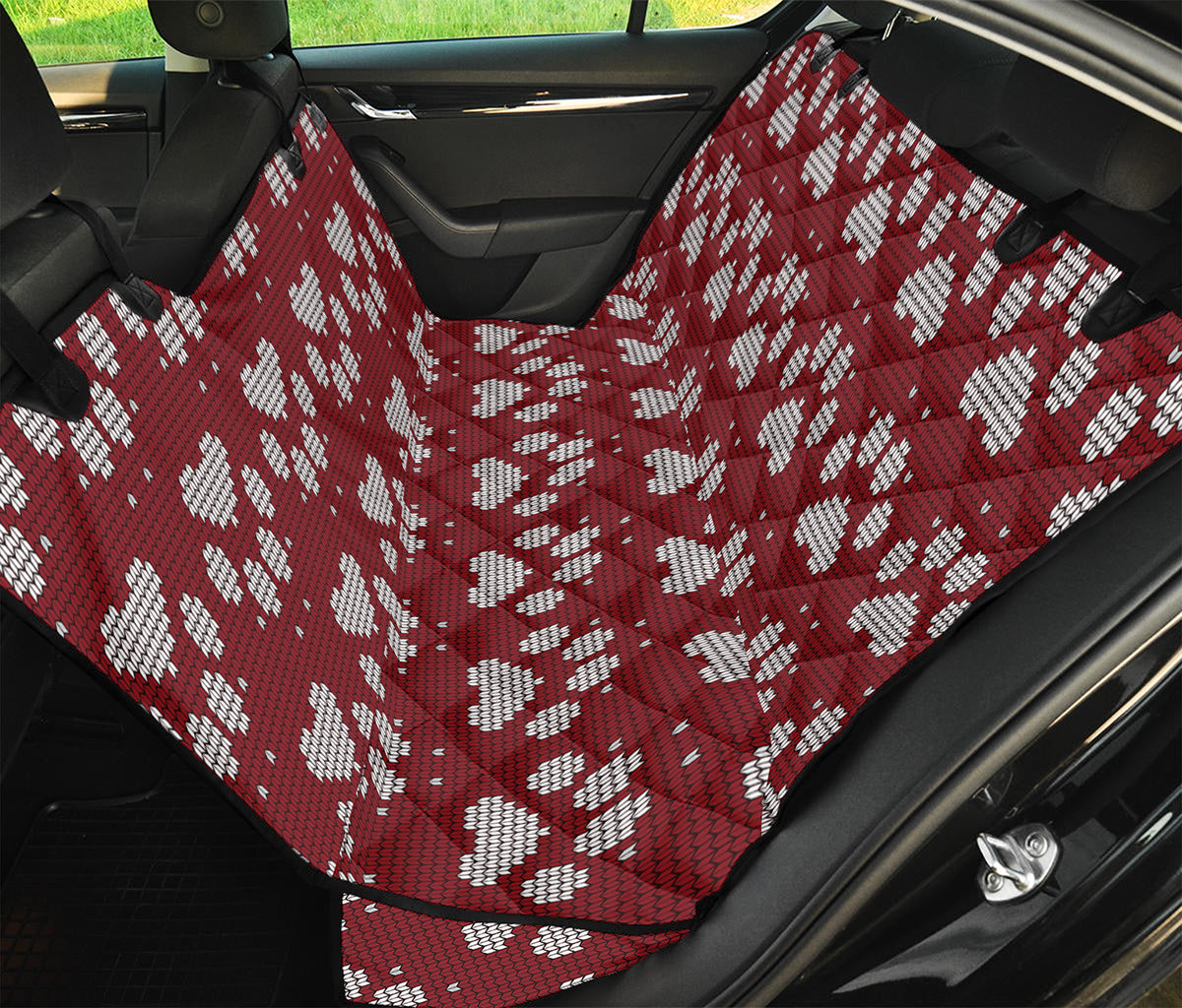 Red And White Paw Knitted Pattern Print Pet Car Back Seat Cover