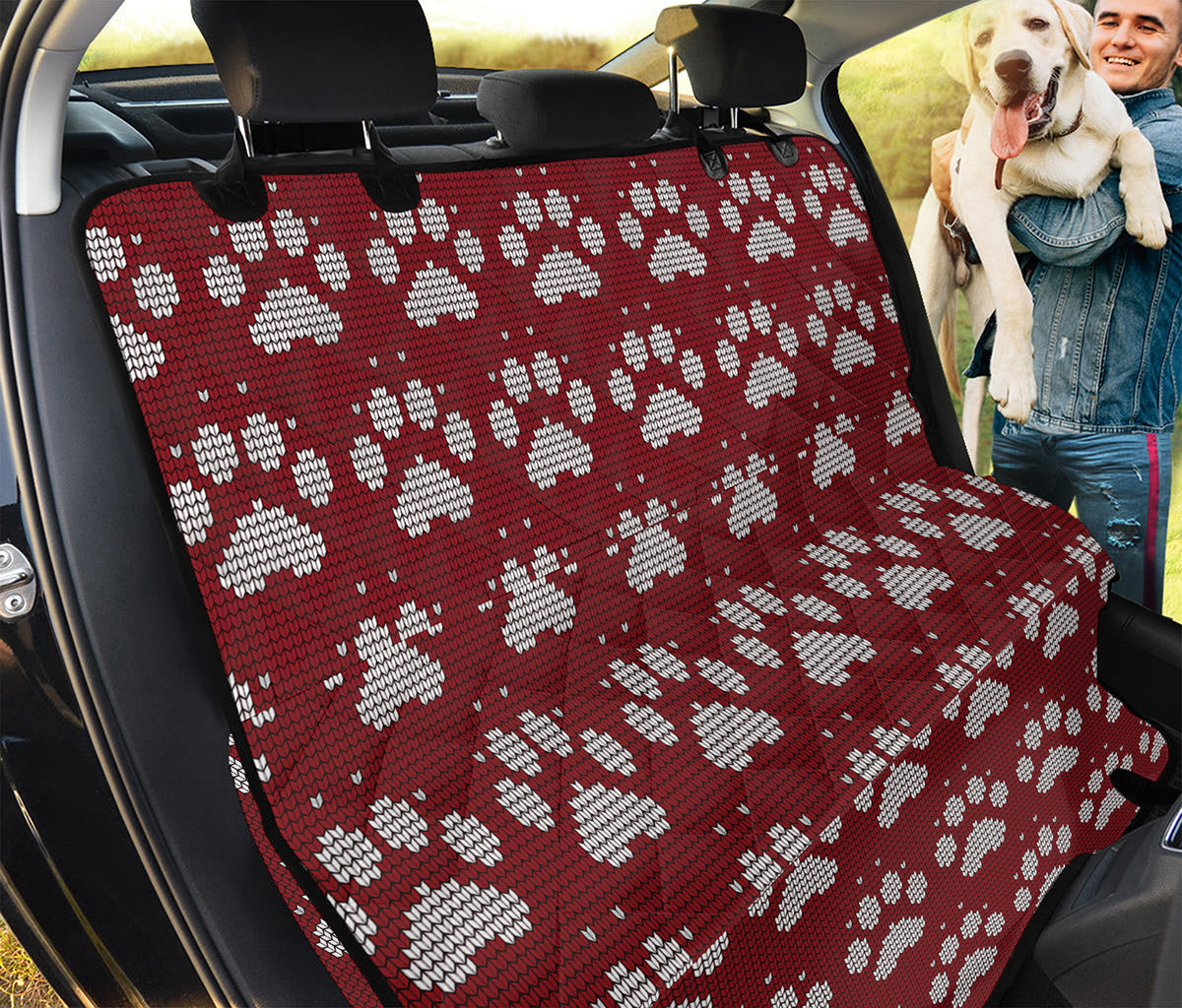 Red And White Paw Knitted Pattern Print Pet Car Back Seat Cover