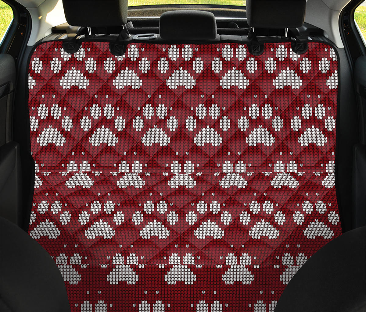 Red And White Paw Knitted Pattern Print Pet Car Back Seat Cover