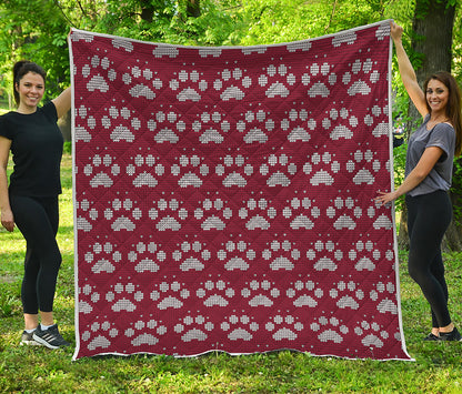 Red And White Paw Knitted Pattern Print Quilt
