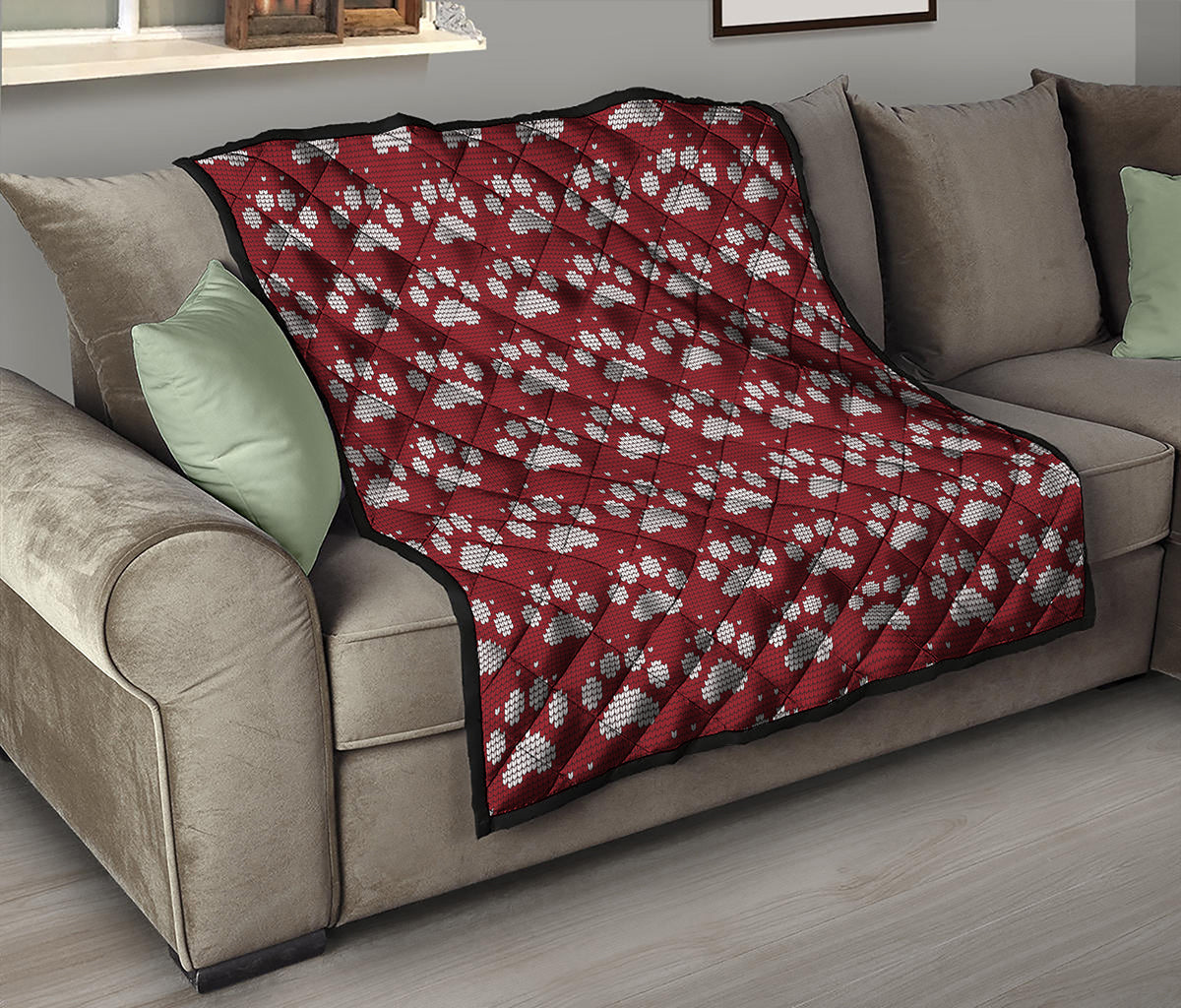 Red And White Paw Knitted Pattern Print Quilt
