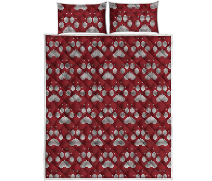 Red And White Paw Knitted Pattern Print Quilt Bed Set