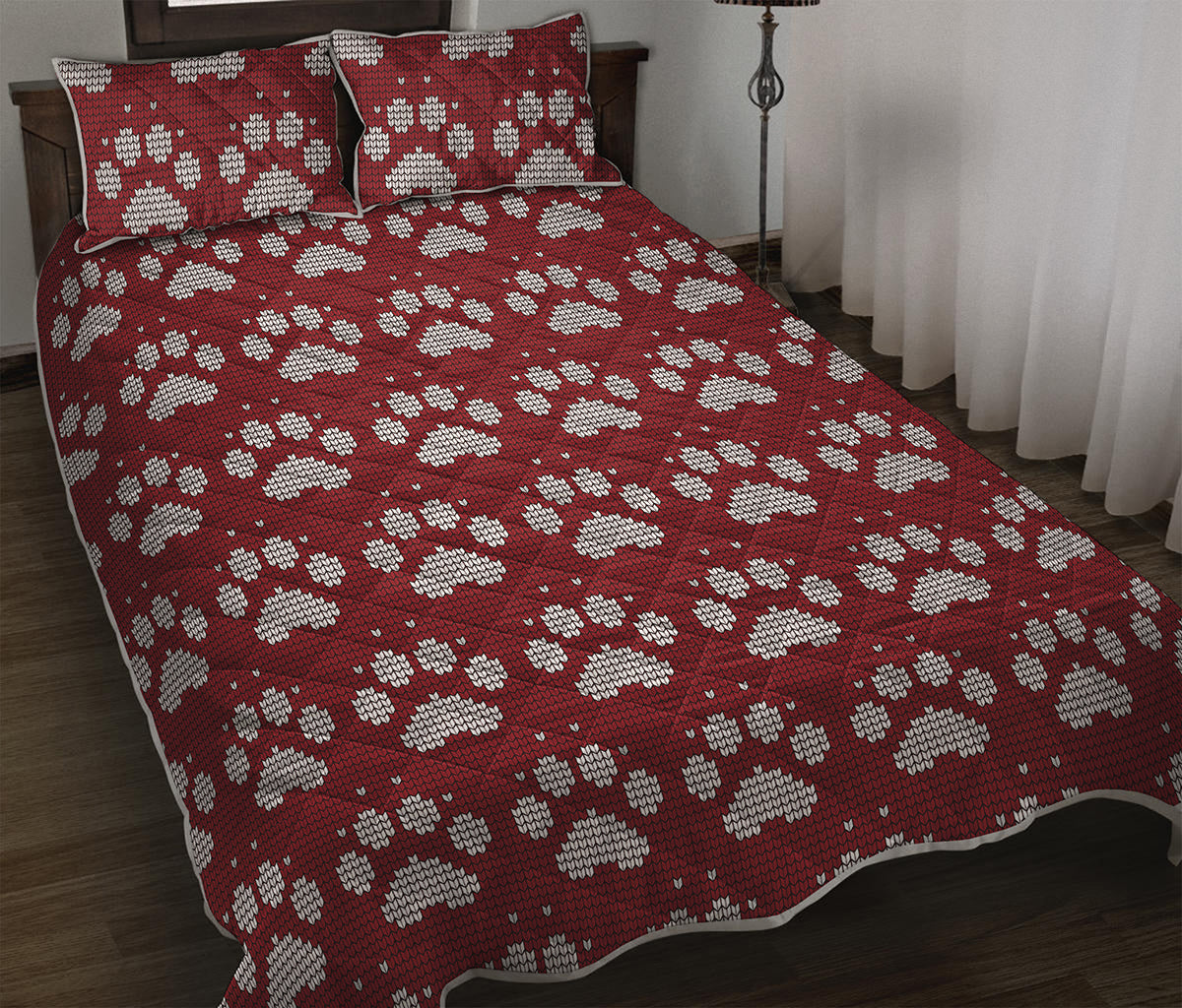 Red And White Paw Knitted Pattern Print Quilt Bed Set