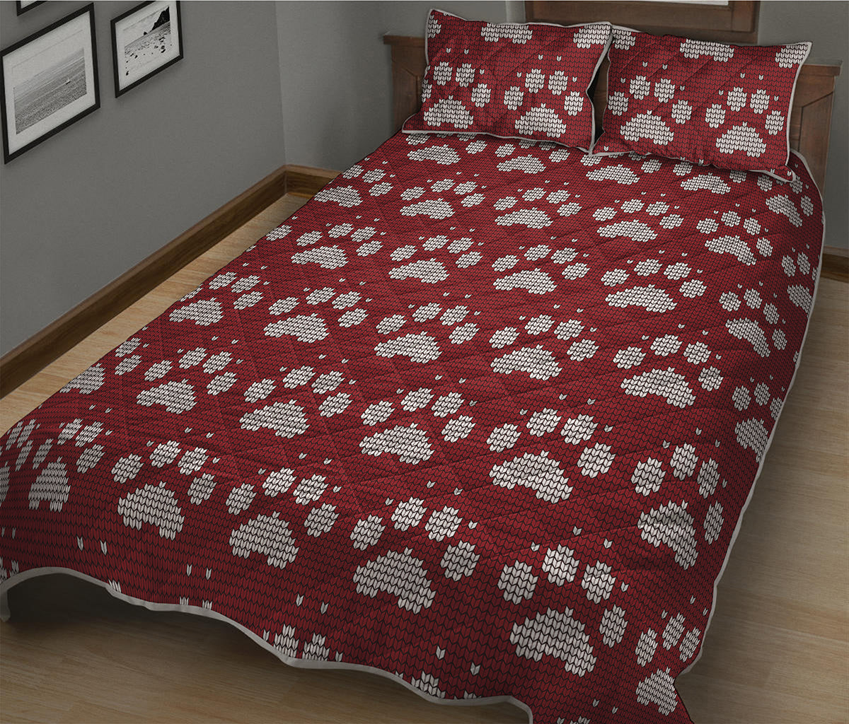 Red And White Paw Knitted Pattern Print Quilt Bed Set