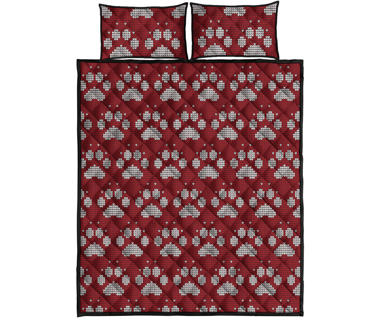 Red And White Paw Knitted Pattern Print Quilt Bed Set
