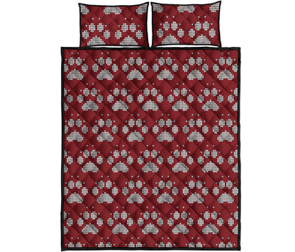Red And White Paw Knitted Pattern Print Quilt Bed Set