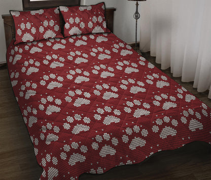 Red And White Paw Knitted Pattern Print Quilt Bed Set