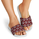 Red And White Paw Knitted Pattern Print White Slide Sandals