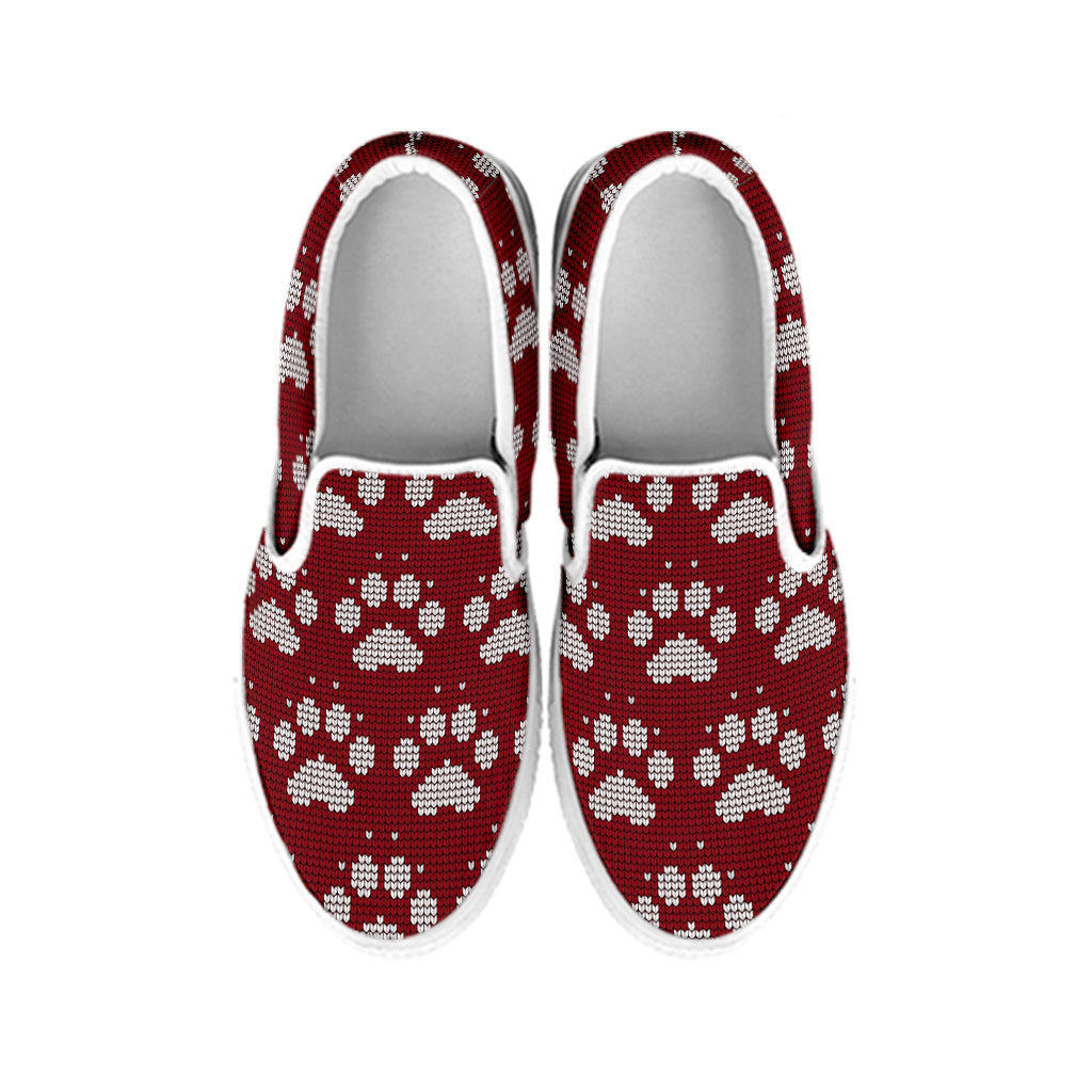 Red And White Paw Knitted Pattern Print White Slip On Shoes
