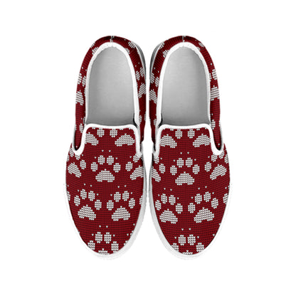 Red And White Paw Knitted Pattern Print White Slip On Shoes
