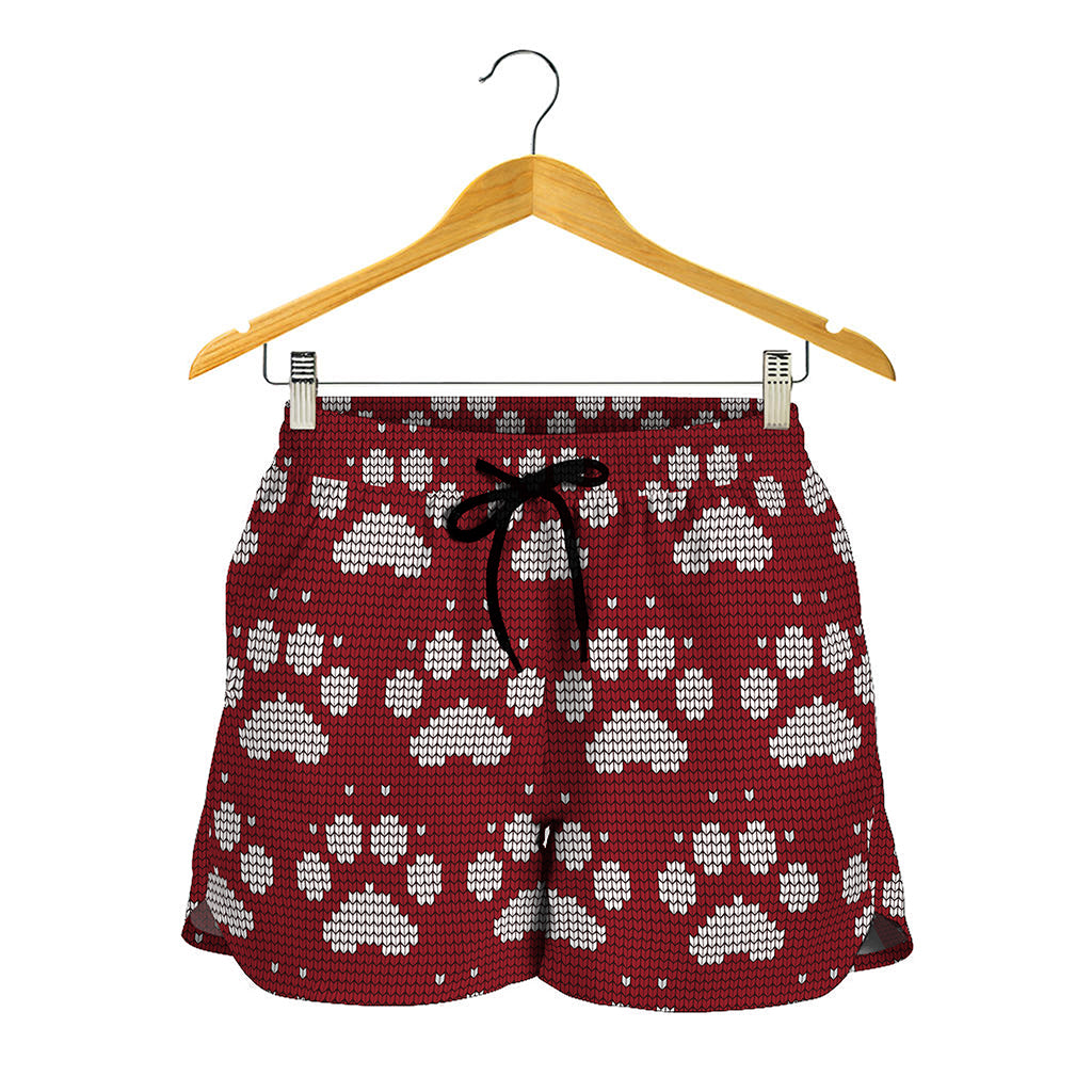 Red And White Paw Knitted Pattern Print Women's Shorts