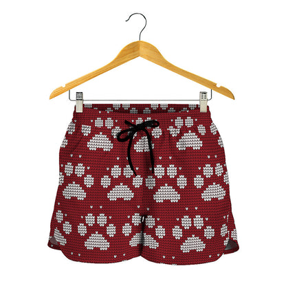 Red And White Paw Knitted Pattern Print Women's Shorts