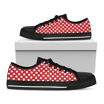 Red And White Polka Dot Pattern Print Black Low Top Shoes