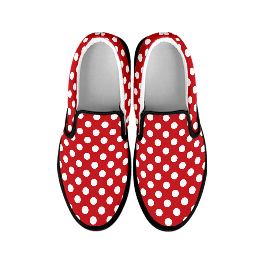 Red And White Polka Dot Pattern Print Black Slip On Shoes