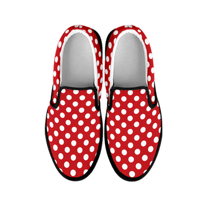 Red And White Polka Dot Pattern Print Black Slip On Shoes