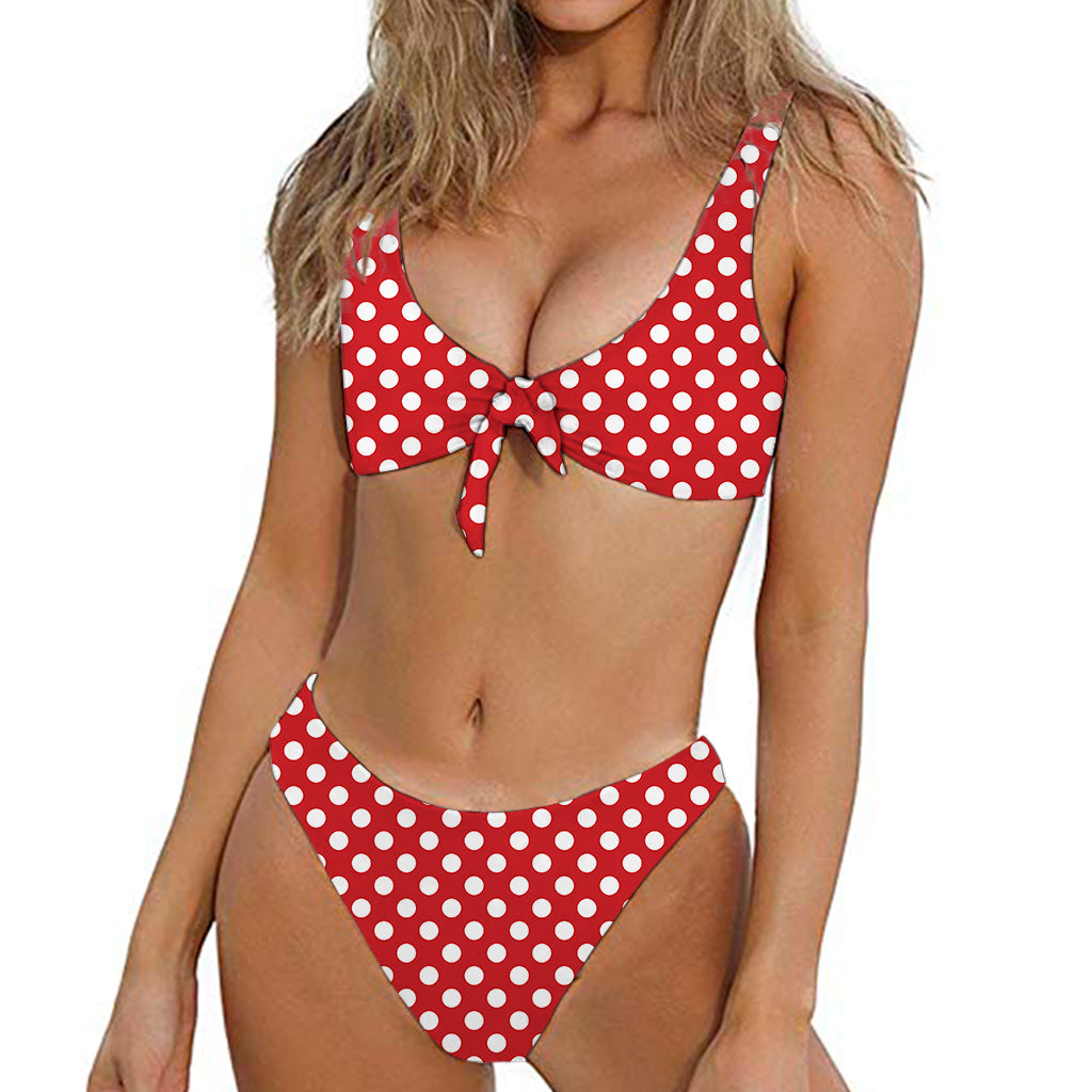Red And White Polka Dot Pattern Print Front Bow Tie Bikini