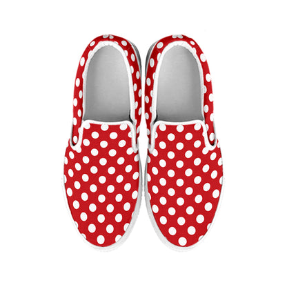 Red And White Polka Dot Pattern Print White Slip On Shoes