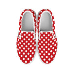 Red And White Polka Dot Pattern Print White Slip On Shoes