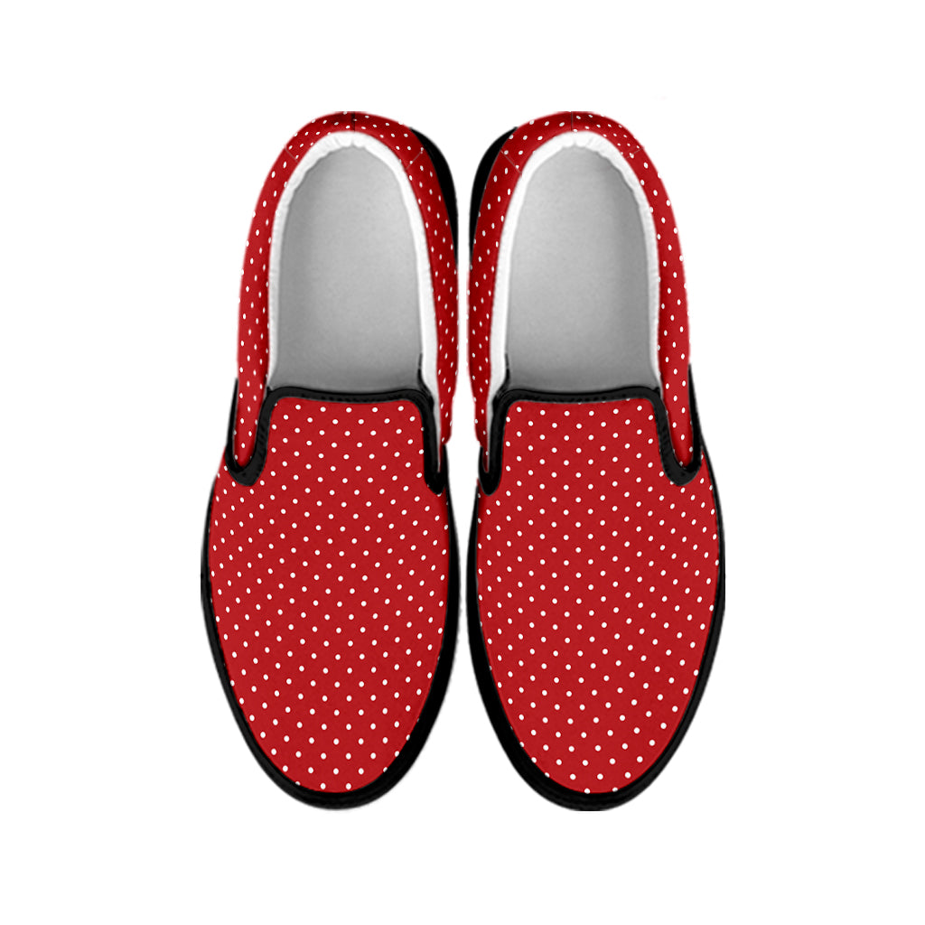 Red And White Polka Dot Print Black Slip On Shoes