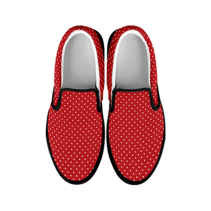 Red And White Polka Dot Print Black Slip On Shoes